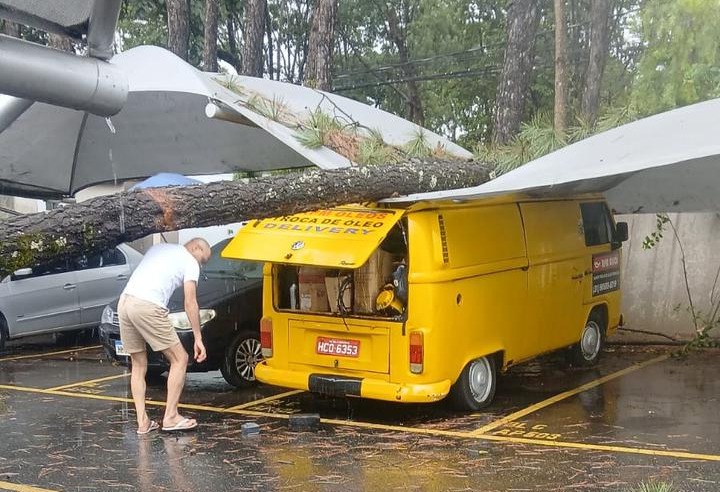 te que estava na via pública se partiu ao meio e caiu sobre o muro do condomínio